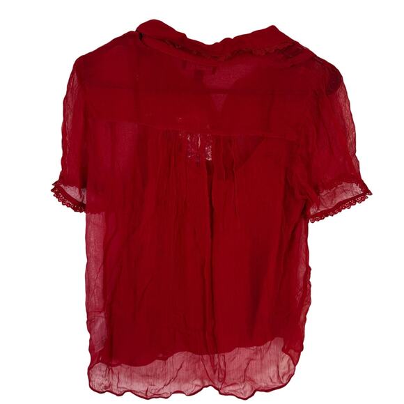 J.Crew Sheer Lace-trim Button-up Shirt 4 Red Cupro Crinkle Short Sleeve Pintuck - Picture 5 of 7